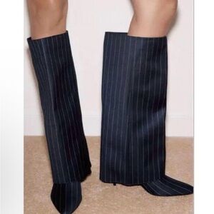 Zara Blue and White Pinstripe Fabric Women's Boots